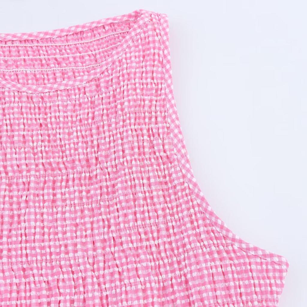 SAW Sleeveless Plaid Summer Dress with Round Neck