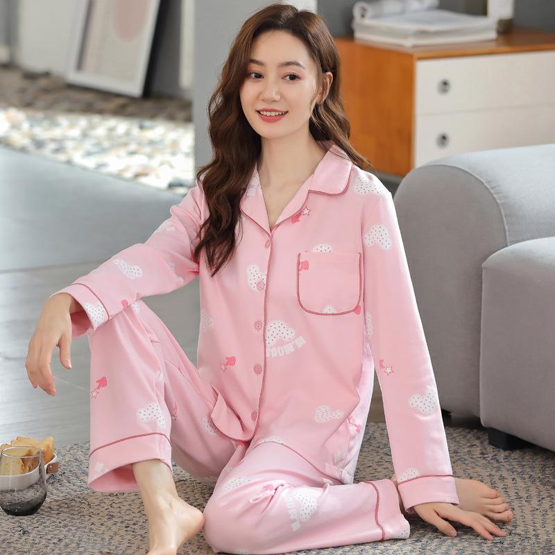 100% pure cotton pajamas women's long-sleeved printing set casual loose spring and autumn thin air-conditioned clothing loungewear can be worn outside
