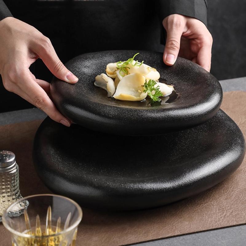 Creative Dessert Plate, Black and White Frosted Ceramic Plate, Irregular Tableware, Oval Shaped Plate, Sashimi Dish, Kitchenware