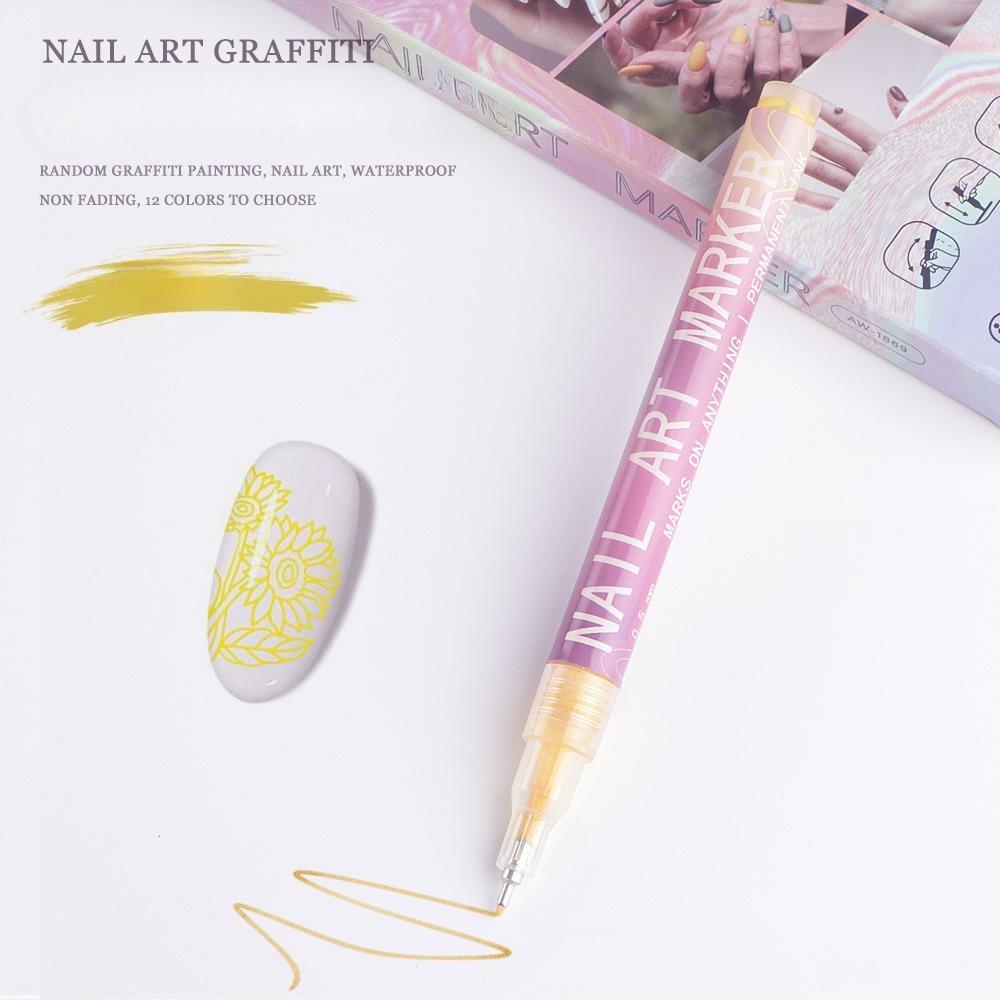 Doodle Pero na nehty 12 barevné Akrylové Barvicí Pero, Barva na Nehty DIY Tečkovací Šicí Pero, Přesné 3D Doodle Pero na Nehty, Sada Pero na Nehty Art, Rychleschnoucí