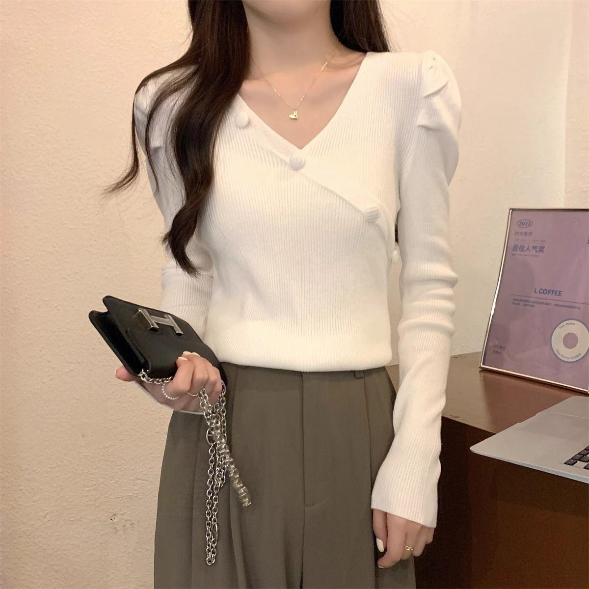

Niche Design Sense Temperament Puff Sleeve Slim Fit Knitwear Women s Autumn Winter V-neck Slimming Inner Base Layer Top S білий