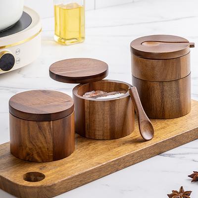 Wooden Salt Shaker with Spoon Rotating Cover Sugar Pepper Seasoning Jar Spice Container Seasoning Bottle Kitchen Storage Box