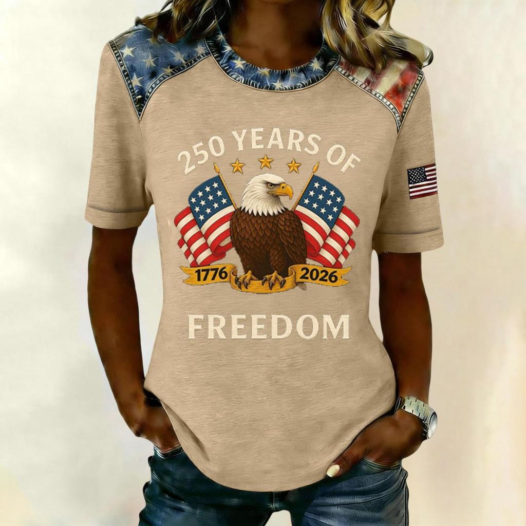 Women's Casual Short Sleeve T Shirt 250 Years of Freedom Patriotic Graphic Tee with Eagle and Flag Print Comfortable Fit