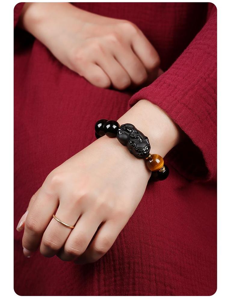 Black Gold Obsidian Pi Xiu Wealth Bracelet with Rotating Beads and Spacers for Men & Women.