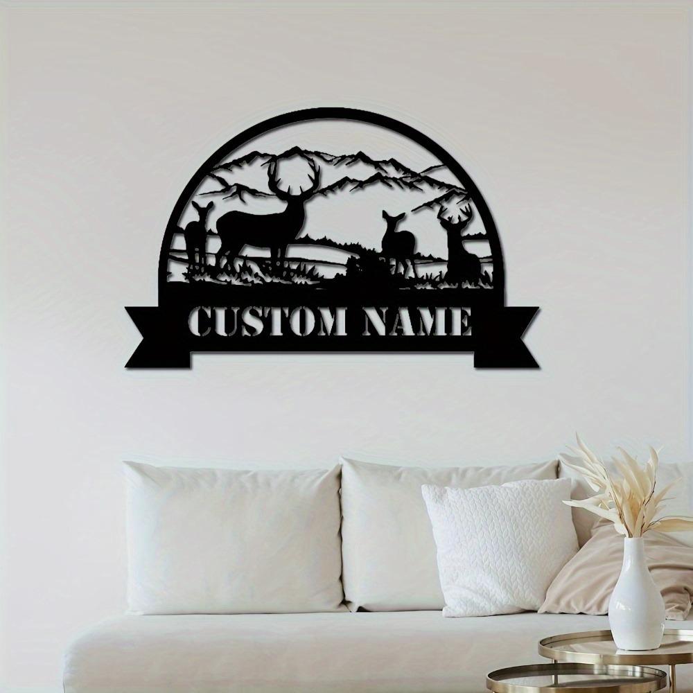 Personalized Deer Metal Family Name Sign, Matte Black Iron Wall Art for Indoor Outdoor