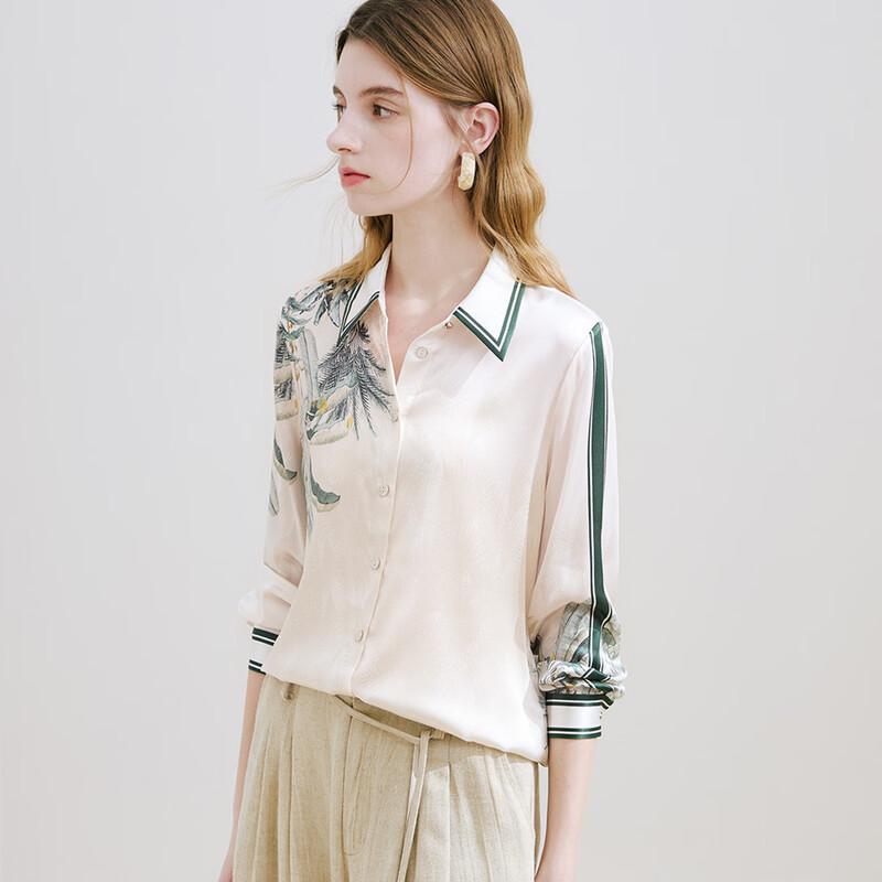

TUHUANG Women s Silk Satin Botanical Print Long-Sleeve Shirt L