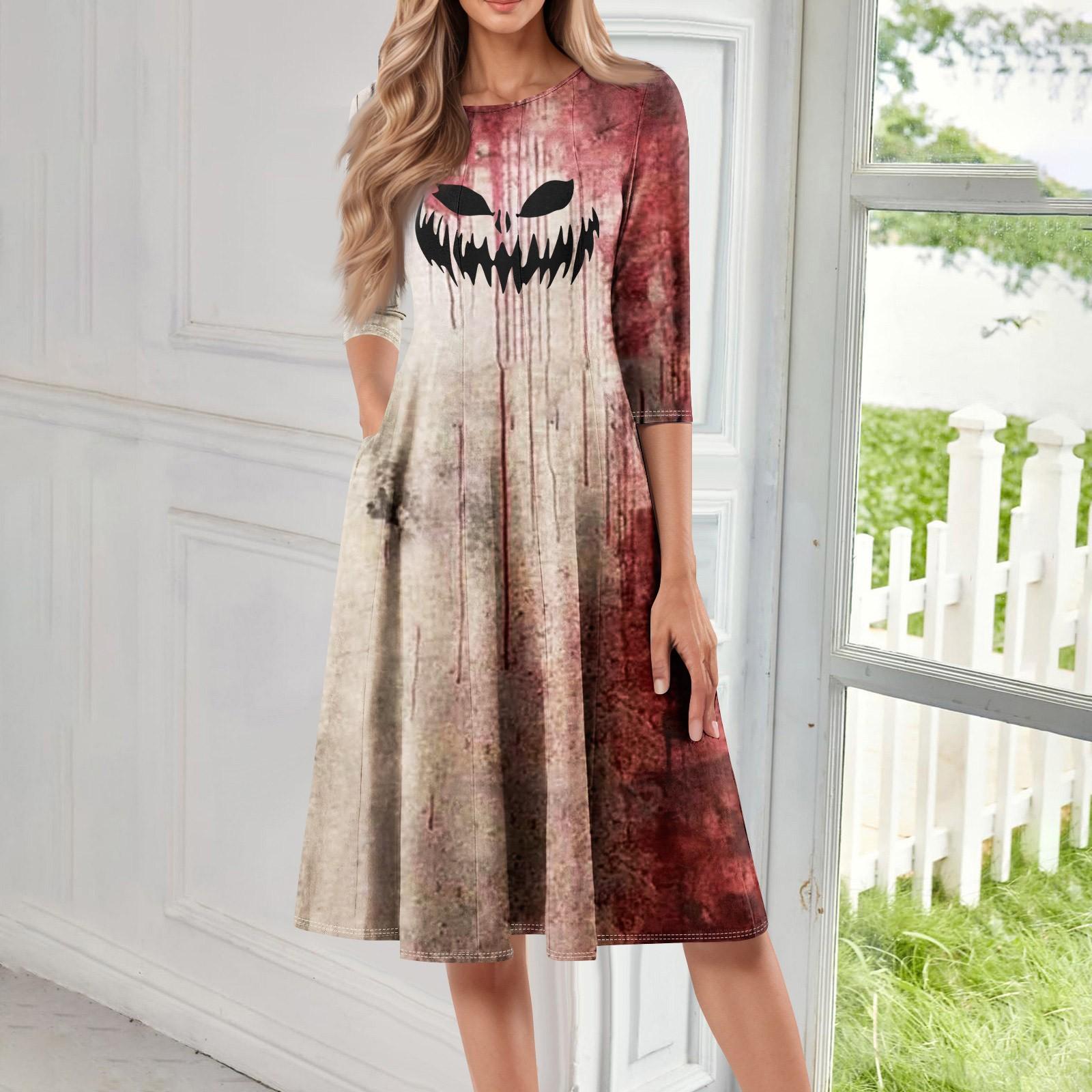 

Women s Casual Fashion Round Neck Three Quarter Sleeve Halloween Print Midi Dress L