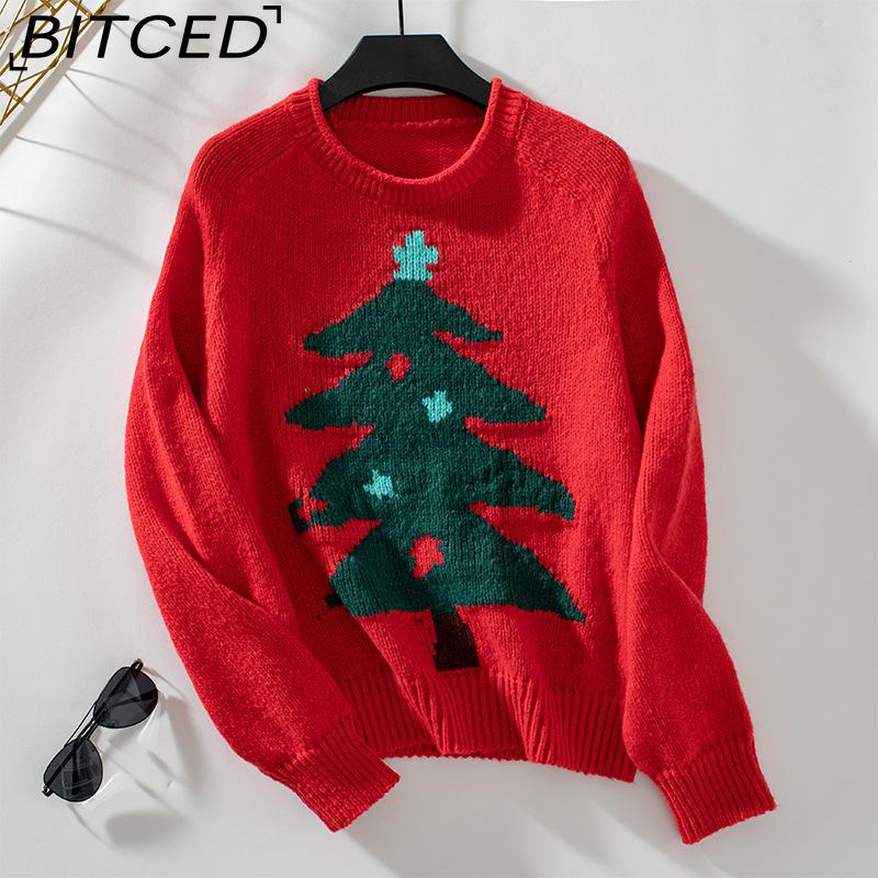 

BITCED Рождественский пуловер для женщин Осень/Зима Стиль с круглым вырезом Свободный крой Праздничный трикотаж XL красный