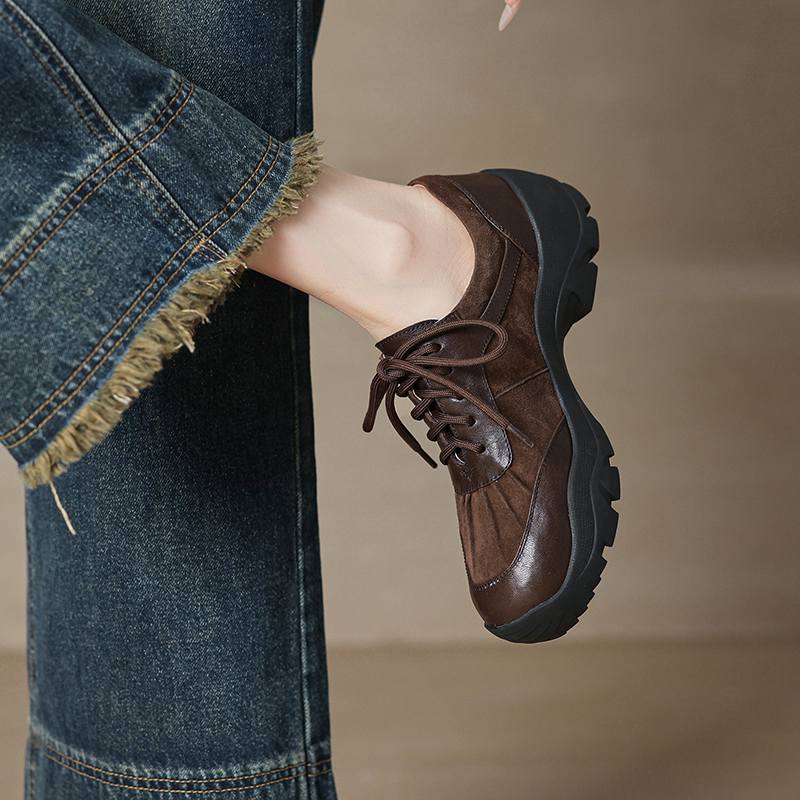 Krazing Pot Suede Round Toe Thick Nottom Lace Up Summer Autumn Leisure Shoes Big Size 42 Women Sneaker