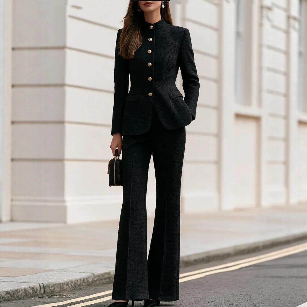 Women Tracksuit Set Long Sleeve Stand Collar Single Breasted Jacket Flare Pants Solid Color Elegant Outfit