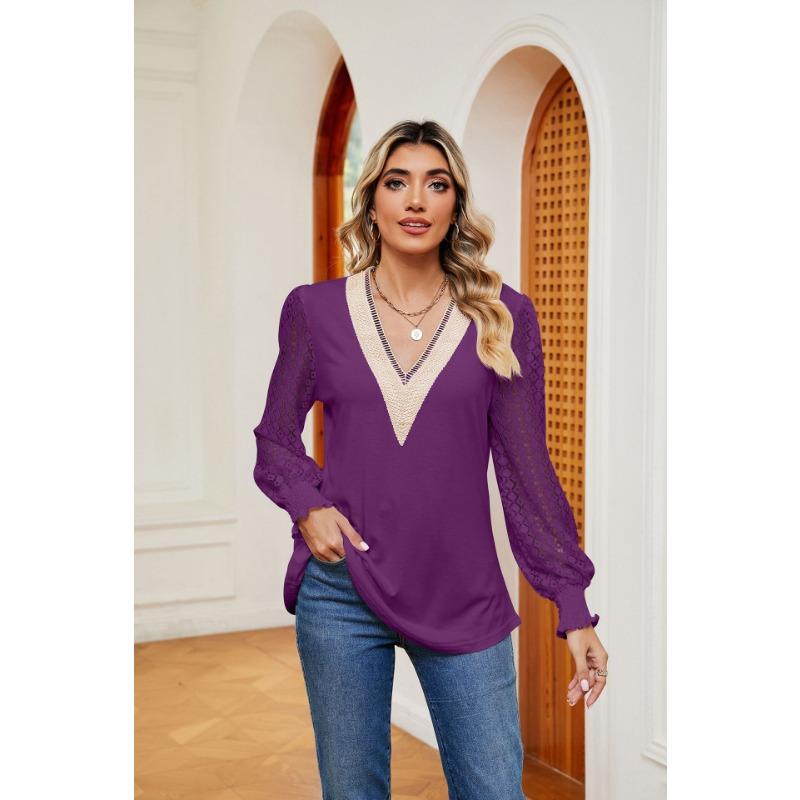 YYFS Women's Fashion Casual Spring Fall Solid Color Print Long Sleeve V-Neck Blouses & Shirts