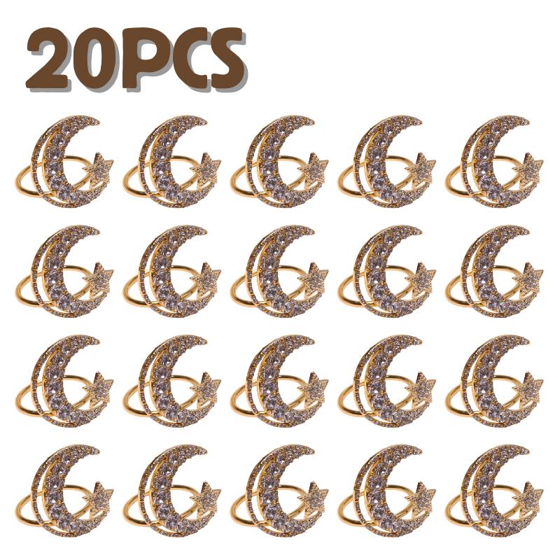 1-30PCS Ramadan Napkin Ring Set Gold Star Moon Design Alloy Crystal Metal Hollow For Holiday Tableware Durable Holder