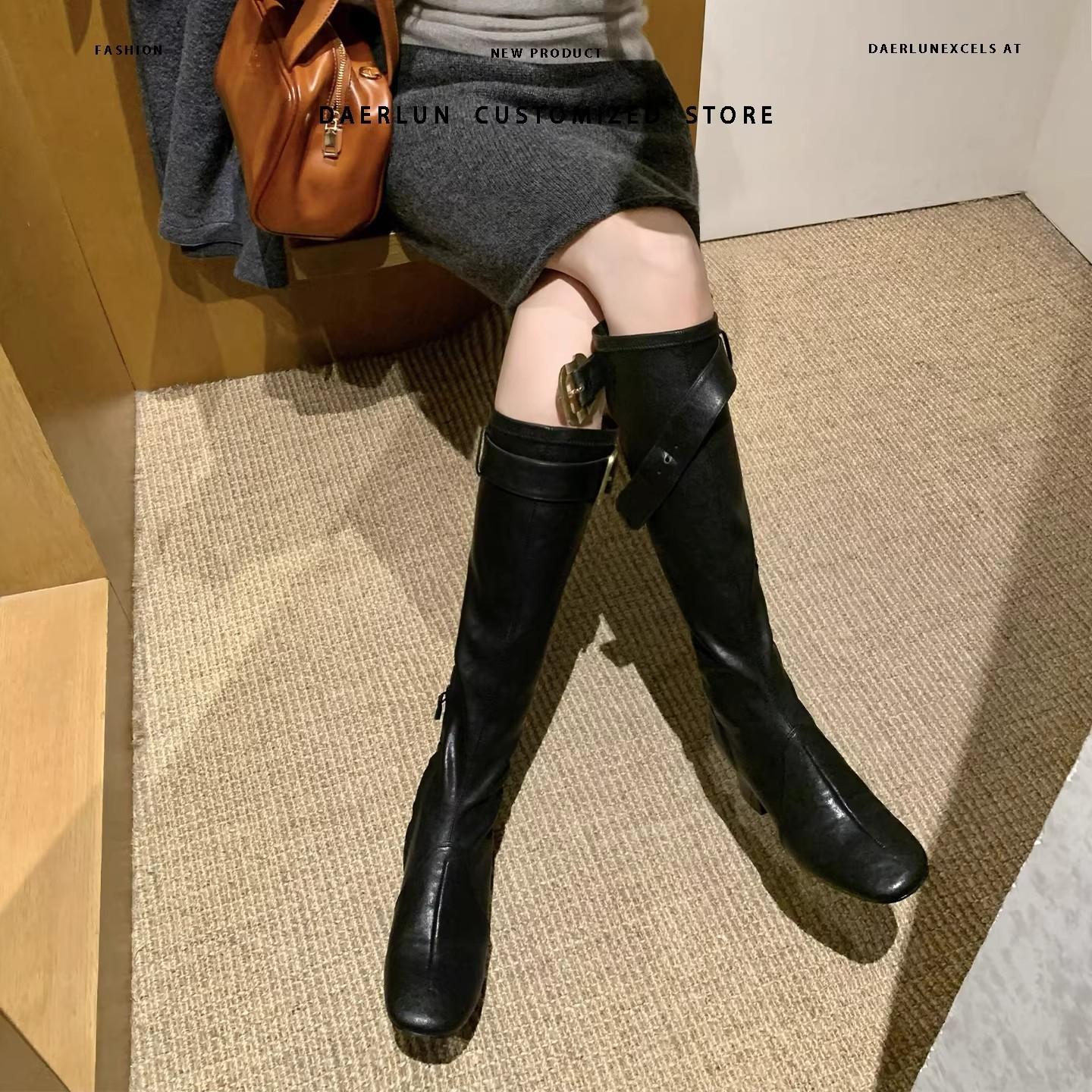 

Boots Women s Square Head Thick Heel High Boots Belt Buckle Over Knee Caramel Elastic Boots 40