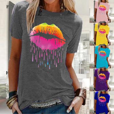 Fashion Women Colorful Lip Print Short Sleeve  Casual T-Shirt Blouses Tops