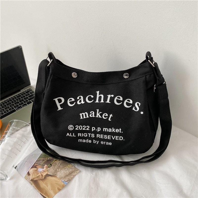 Stylish Korean Vintage Canvas Tote Bag For Women With Spacious Capacity And Trendy Lettering In Cream Brown Or Black