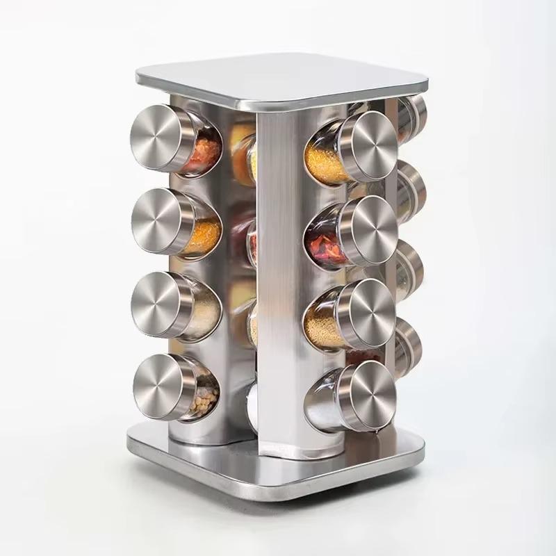 360 Degree Rotating Spice Bottle Round Stainless Steel Seasoning Rack Square Multi layer Seasoning Jar Storage Set