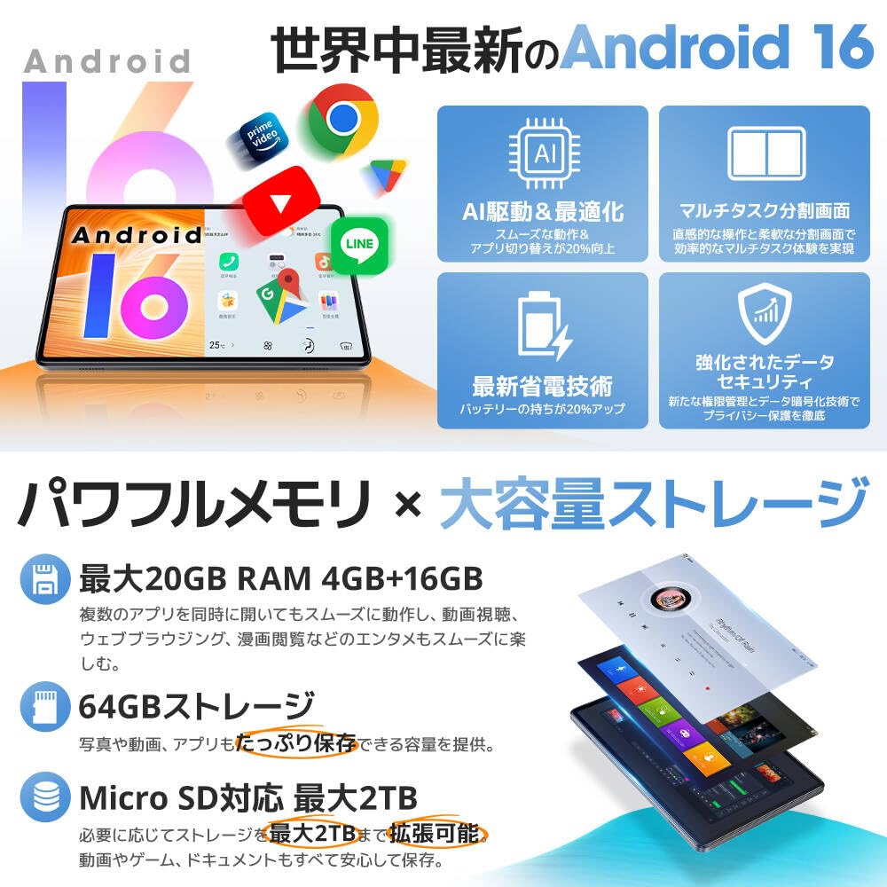 Android 16 Tablet Latest Protective Film Model with to 1TB Large 7000mAh PD18W Face Wireless YouTube [2026 Version, Attached] 10.1-inch Wi-Fi