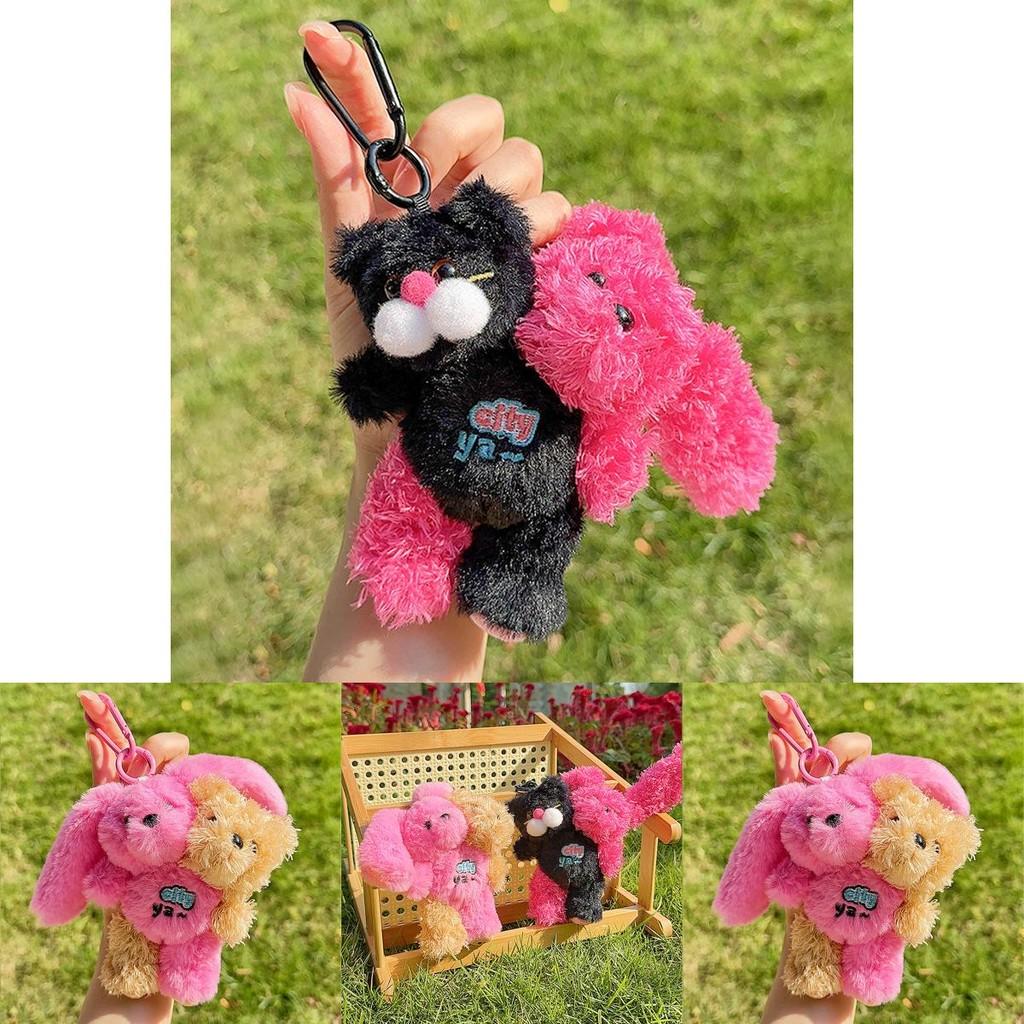 Unique Double Head City Plush Keychain Colorful Teddy Rabbit And Cat Design Gift