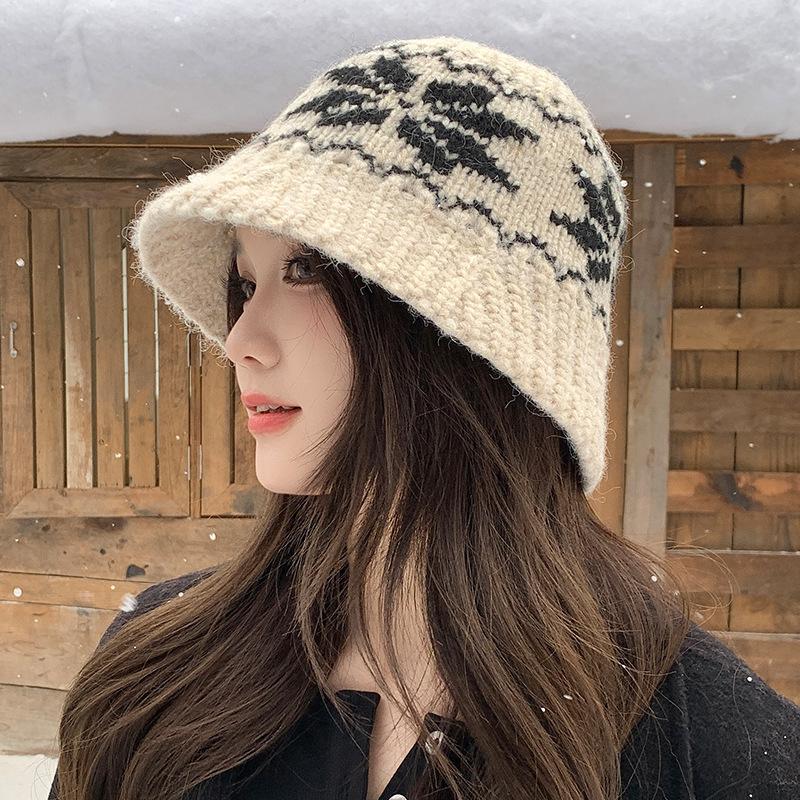 Rhombus Knitted Hat Children S Wool Blended Bucket Hat Outdoor Warm Ear Protection Wool Knitted Hat 54-60cm