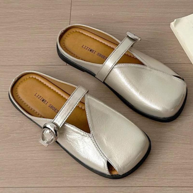 2025 New Style Soft Leather Buckle Strap Casual Shoes Fashion Flats Elegant Glitter Metallic Mules Shoes Cover Toe Women Slipper