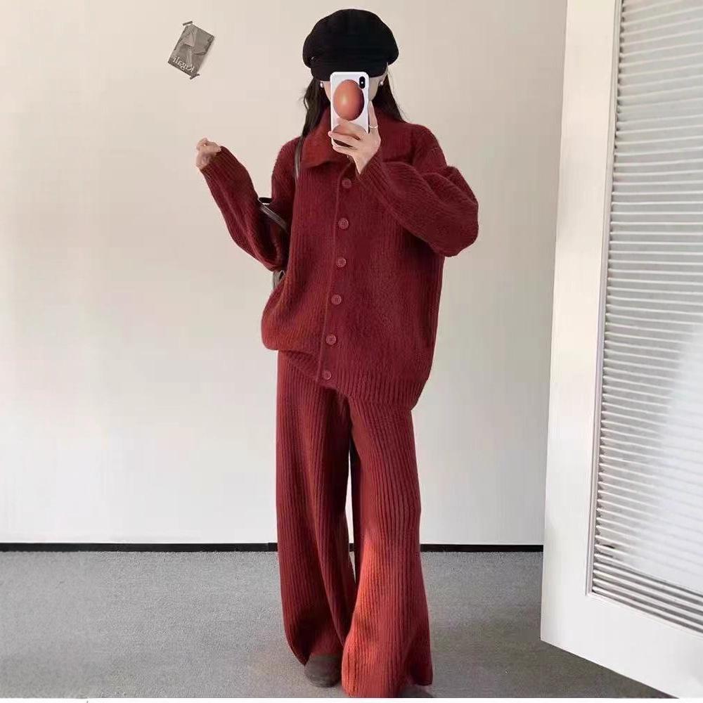 Knitted Sweater Set for Women's Autumn and Winter, Loose Wide-leg Casual Pants, Fashionable and Stylish Two-piece Set