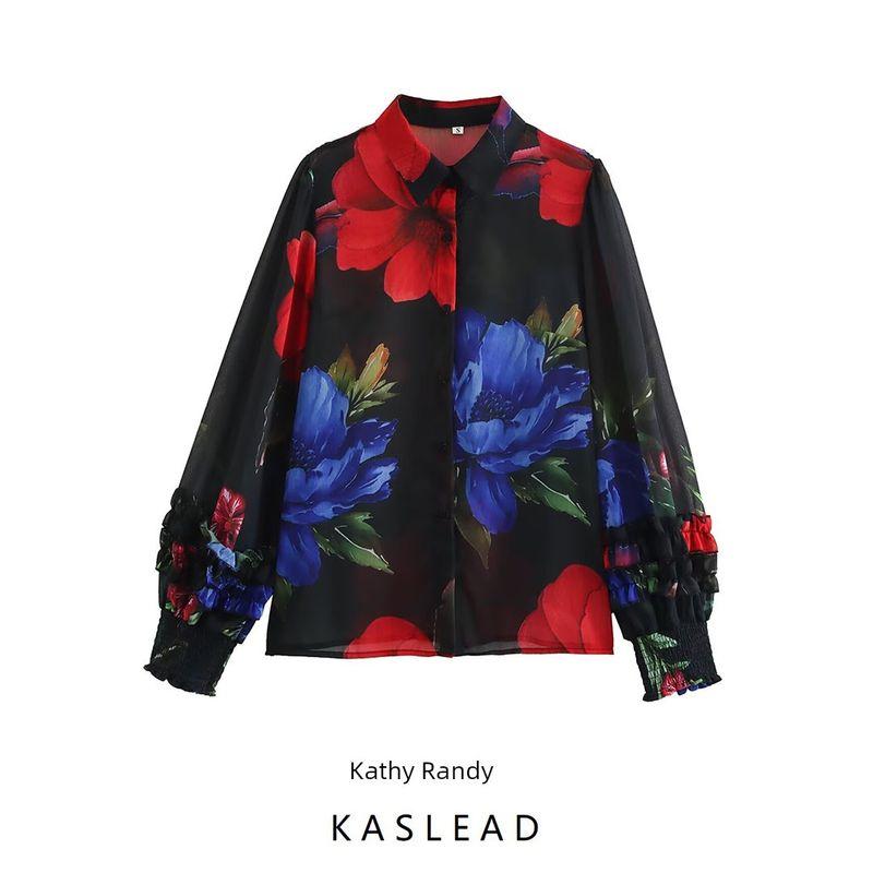 Kaslead New Arrival Women's Fashion Style Stylish Simple and Versatile Chiffon Florals Print Shirt