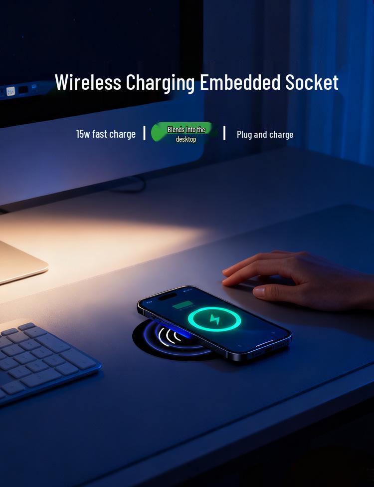 Built-in Wireless Charger Power Strip with Direct Plug-in for Hidden Desktop and Phone