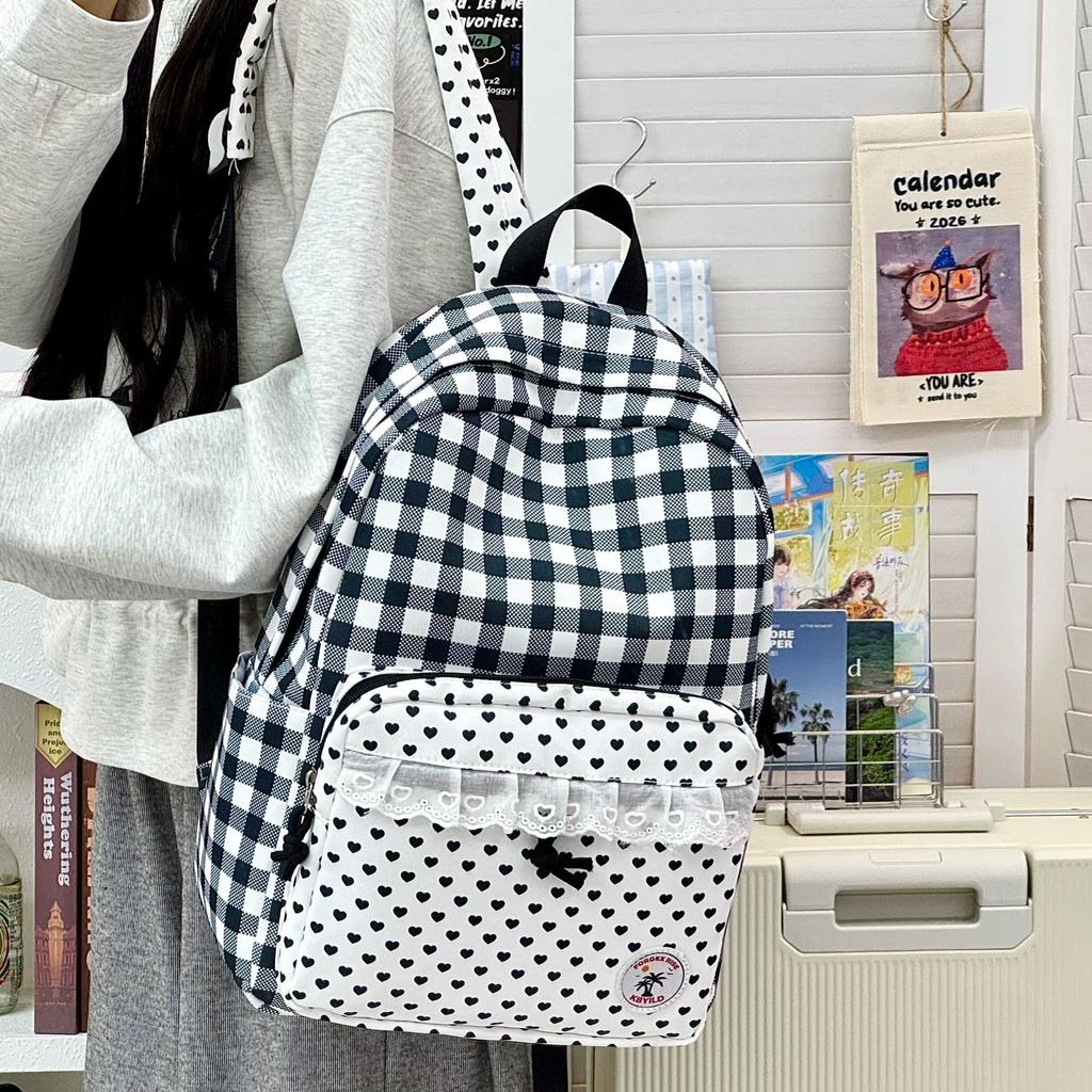 Schultasche Koreanisch süß blau-weiß karierter Rucksack Mittelschulrucksack Mädchenherz Spitzen-Design Schultasche
