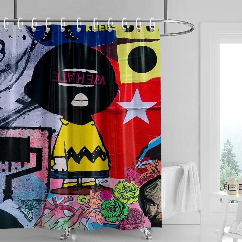 Abstracte Kunstenaar Douchegordijn - Blauw & Roze Figuur Schilderij, Waterdicht met Oogjes, Moderne Kunst Badkamer Decoratie