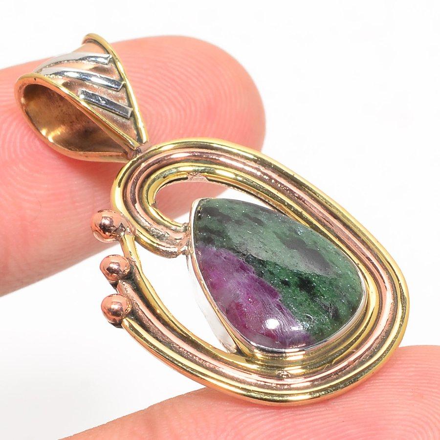 Ruby In Zoisite Lab-Created 925 Sterling Silver Gift Two Tone Pendant 1.75" I3K30