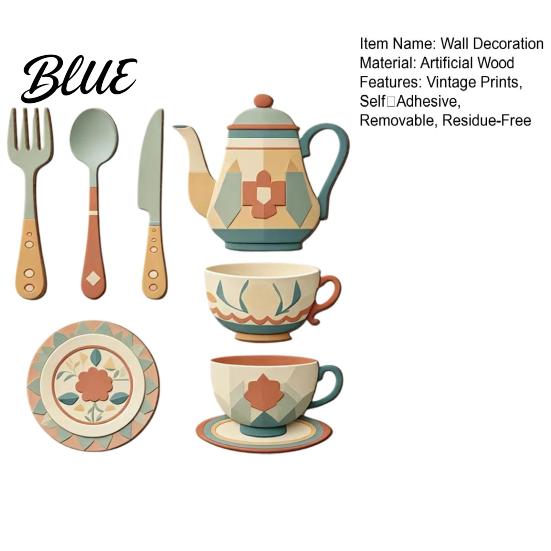 Decorative Wall Stickers for Home 7Pcs 2D Flat Kitchen Wooden Decor, Retro Teapot Tableware Themed Modern Murals Art, Self‑Adhesive Plaques