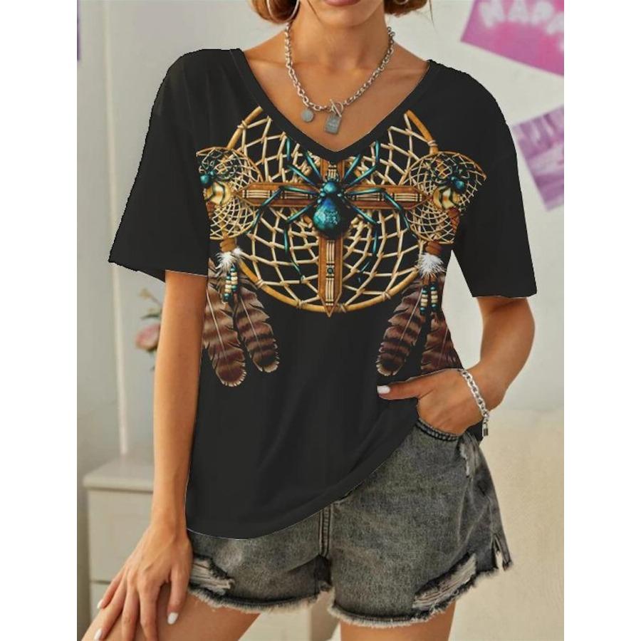 Vintage Women 3D Print T Shirt Short Sleeve V Neck Tops Comfortable T-shirts