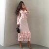 European and American Cross-border Women's Clothing 2026 Spring New Long-sleeved Horn-sleeved Ruffle Edge Printed V-neck Slim-fitting Temperament Dres
