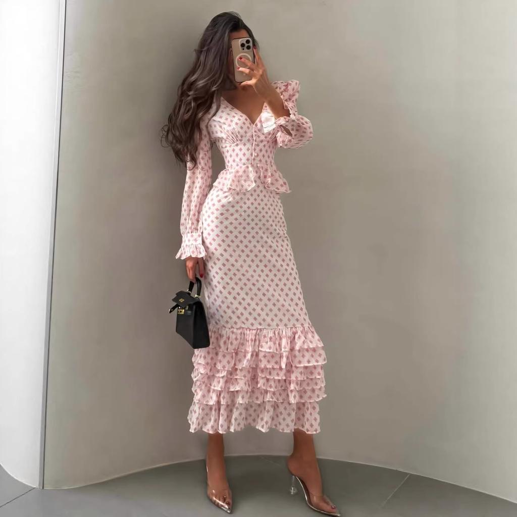 European and American Cross-border Women's Clothing 2026 Spring New Long-sleeved Horn-sleeved Ruffle Edge Printed V-neck Slim-fitting Temperament Dres