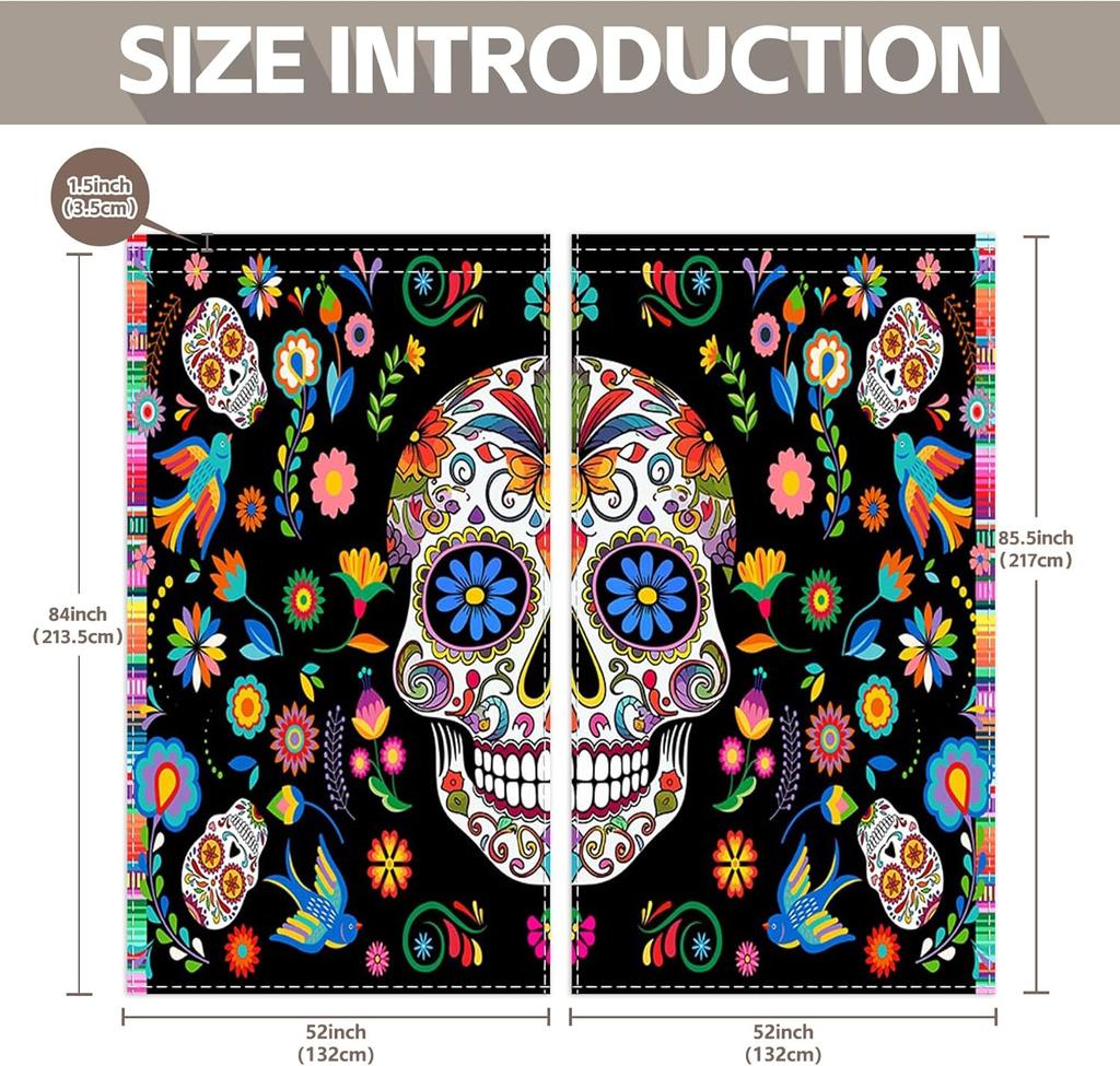Day of The Dead Curtains for Living Room Mexican Fiesta Sugar Skull Flowers Rod Pocket Window Drapes for Bedroom and Home Decor