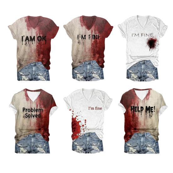Halloween Blood Shirt Digital Print Blood Stains Text Tee Shirt Women V-neck Tops Casual Wear Funny Horror Clothes