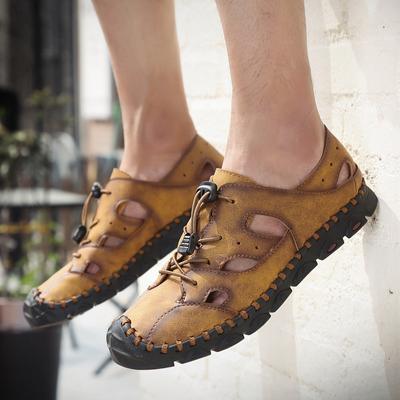 Plus Size Summer Men's Genuine Leather Closed Toe Sandals Casual Breathable Beach Men's Fashionable Hole Dual-Use Shoes