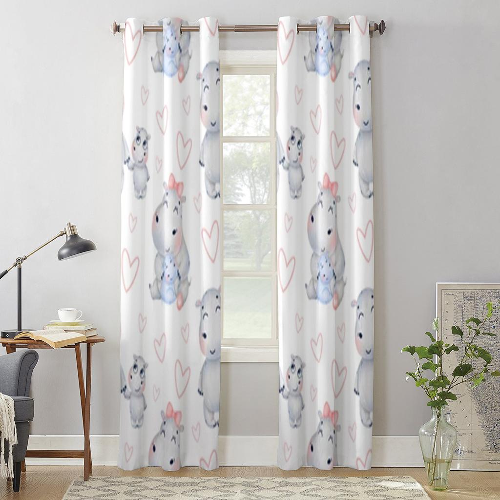 Cute Cartoon Hippos With Hearts Window Curtain For Kids Room Home Blinds Curtains For Living Room Bedroom Window Drapes