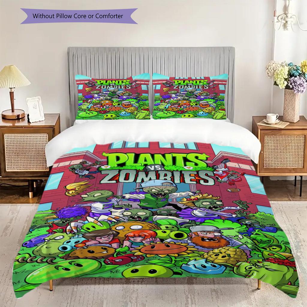 Plants Vs Zombies Battle Royale Dreiteiliges Set (1 Bettbezug + 2 Kissenbezüge, ohne Füllung) 2D flaches Weihnachts-Geburtstagsgeschenk