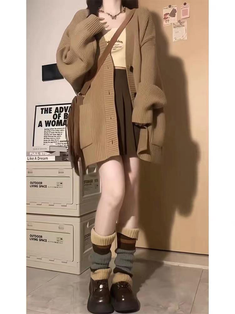 Women's Oversized Mélange Cardigan Sweater Coat - 2026 Autumn/Winter Collection, Solid Color Knitwear, Casual Loose Fit.