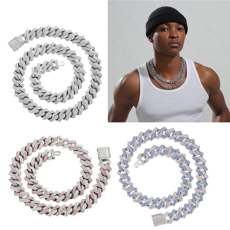 Multifunktionales mit Strasssteinen besetztes kubanisches Halsketten-Ketten-Set mit verstellbarer Länge, tragbar für Liebhaber von Street Styles