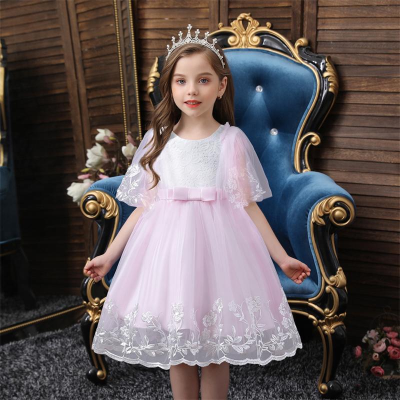 Girls Princess Dress Mesh Fluffy Dress Children's Lace Short-Sleeved Dress