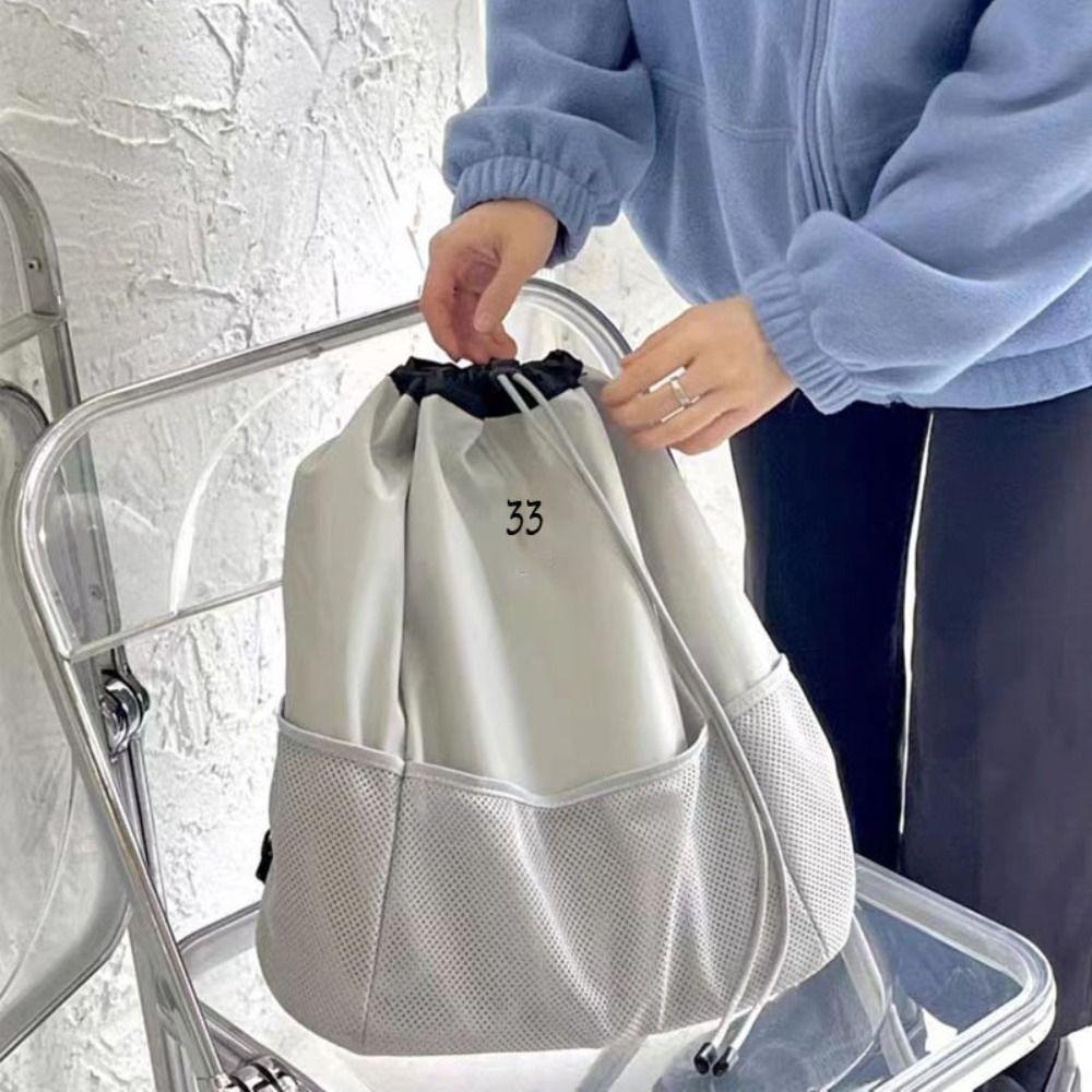 Lightweight Drawstring Mesh Backpack Large Capacity Solid Color Knapsack Pleated   Hiking