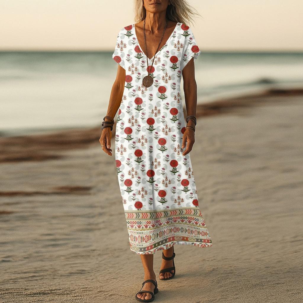 Sukienka letnia damska długa boho plażowa elegancka sukienka maxi dekolt V krótki rękaw letnia tunika lekka przewiewna