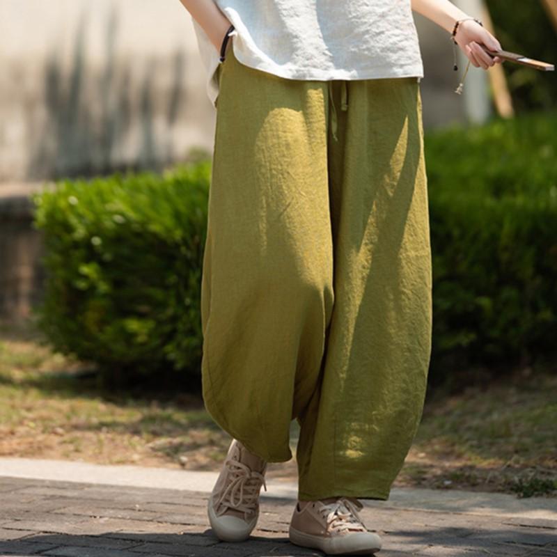 Johnature Vintage Women Bloomers Pants Solid Color Autumn Loose Trousers Elastic Waist Soft Female Ankle-length Pants