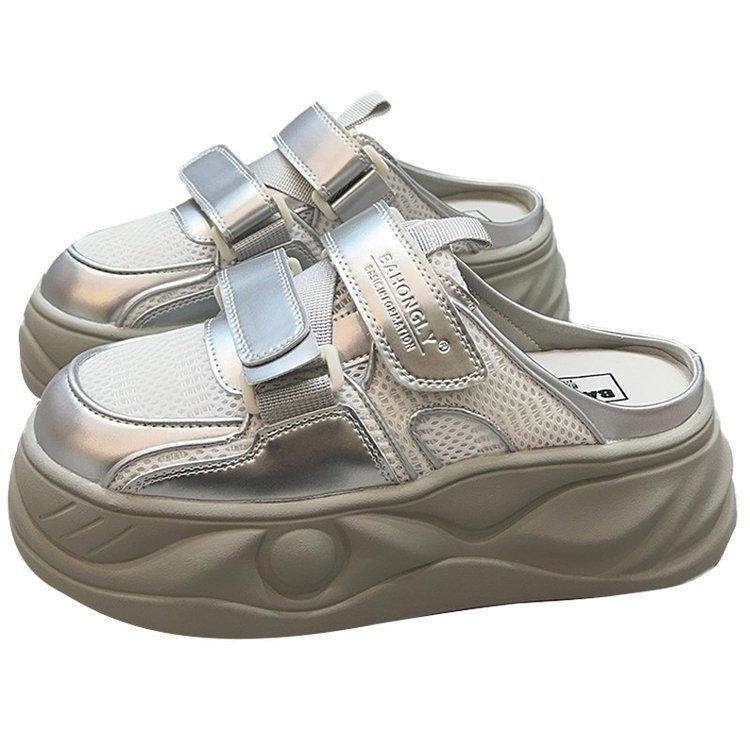 thick-soled silver half-slippers women's 2025 new Velcro thick-soled summer outer wear lazy casual one-pedal bag head drag