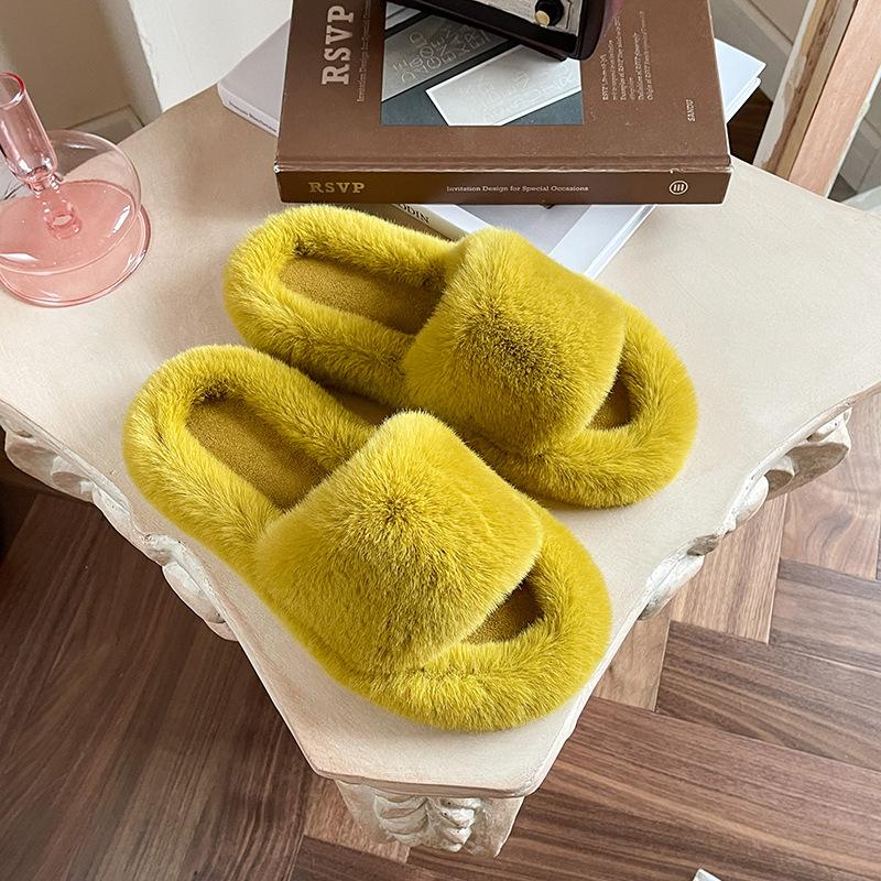 Height-increasing thick-soled fluffy slippers women's autumn and winter outer wear fluffy shoes one-word ins home home plush drag spring and summer