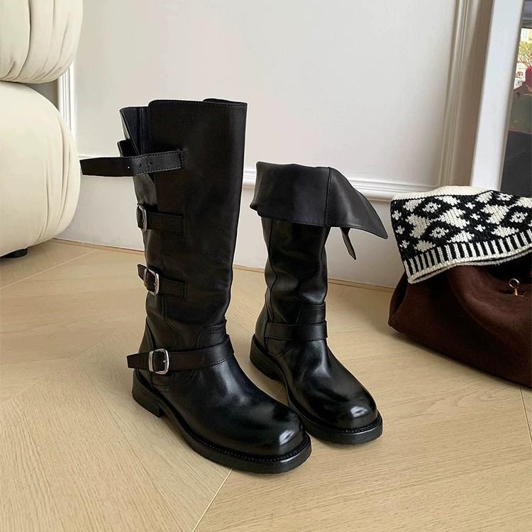 Cowhide Version Martin Boots Women's Belt Buckle Boots Autumn and Winter New Retro High Boots