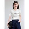 VICTORIA&VERA Women's Striped Knit Short Sleeve Top with Gold Buttons