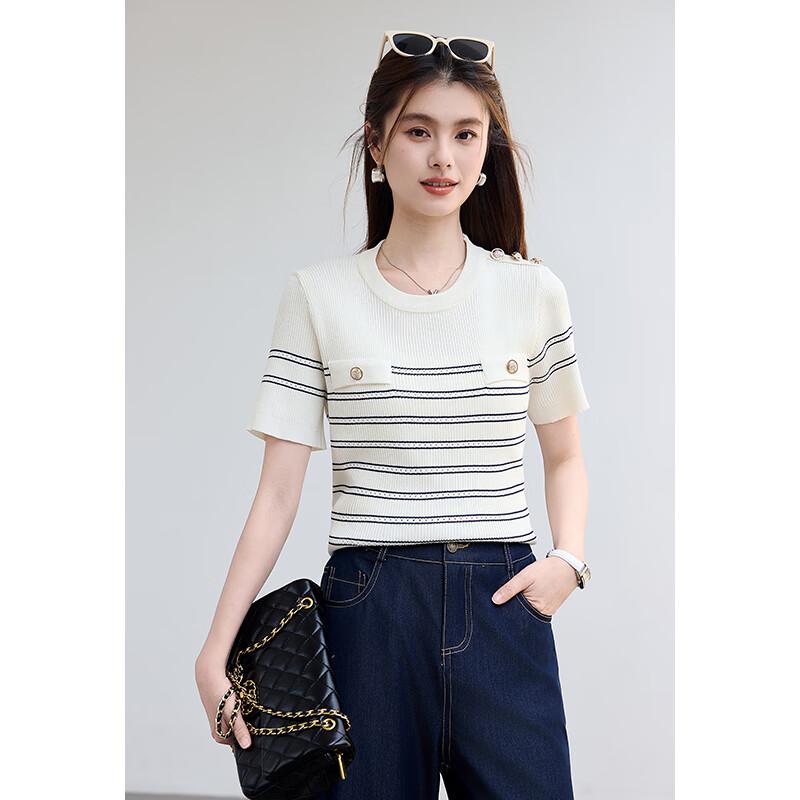 VICTORIA&VERA Women's Striped Knit Short Sleeve Top with Gold Buttons